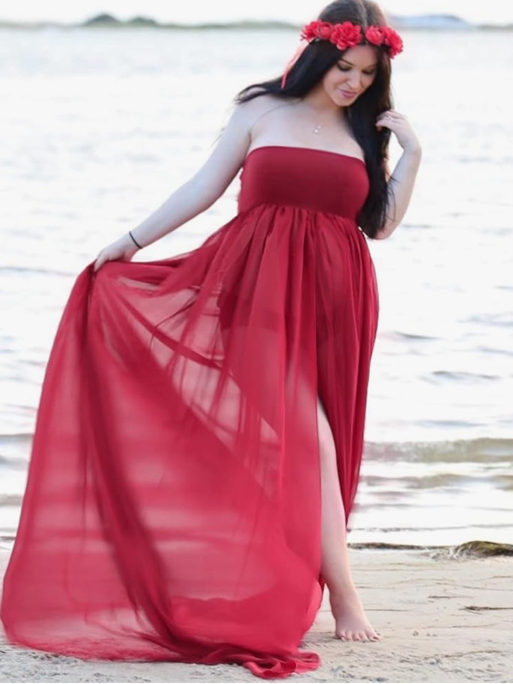 Amazon Maternity Photoshoot Strapless Red Chiffon Maxi Dress split front